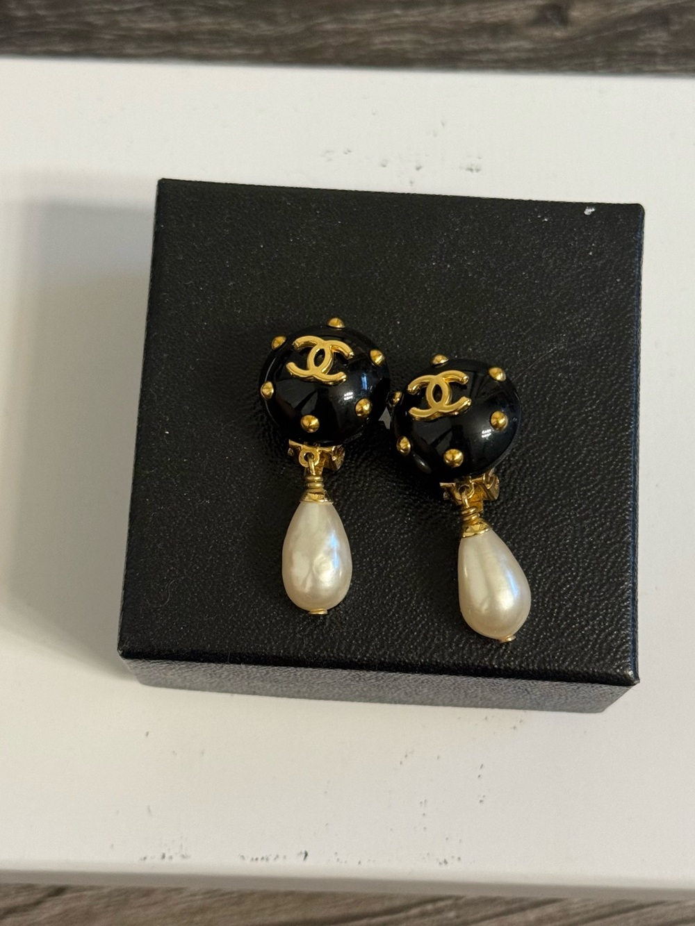 Chanel Black Enamel Gold CC & Pearl Drop Vintage Clip On Earrings